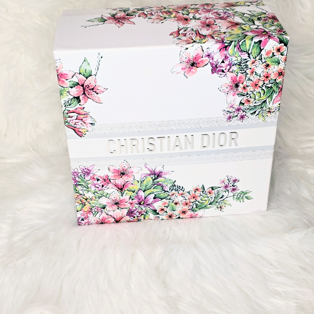 Christian Dior Floral Box with Pink and Green Accents, Tissue Paper, & Stuffing.